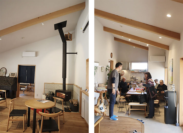 天然の無垢材と薪ストーブのぬくもりが広がる外来待合室